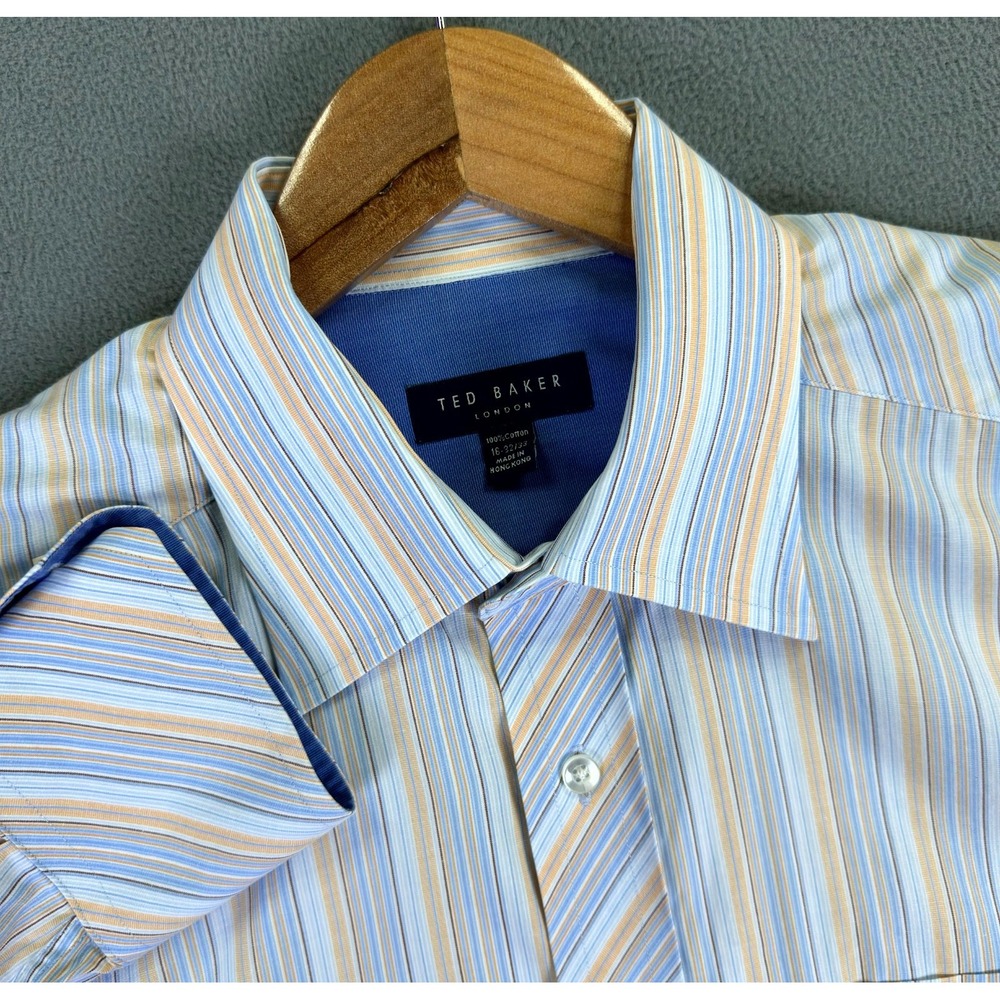 Ted Baker Shirt Mens 16 Blue Orange‎ Colorful Stripe Business Dress Old Money